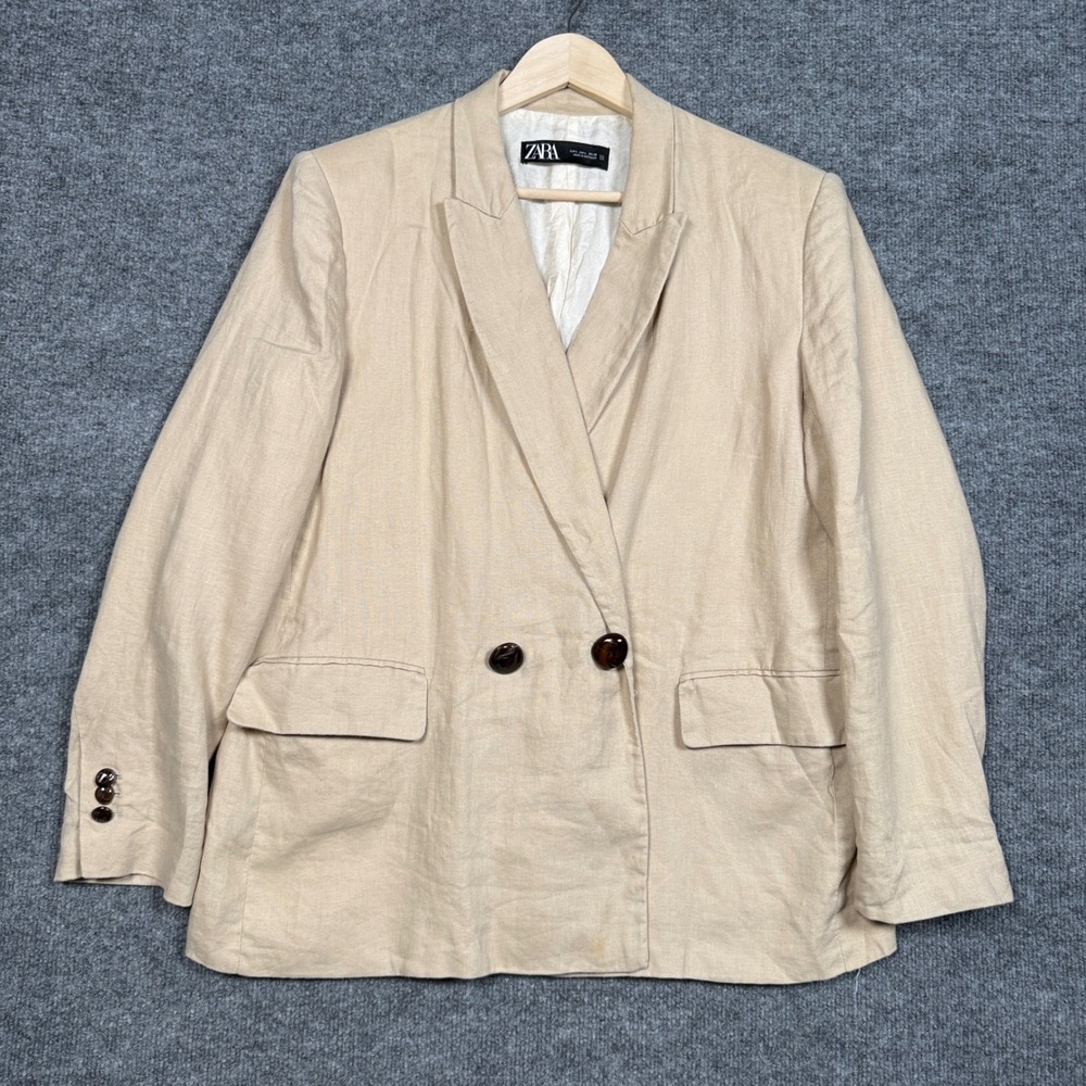 Zara Womens Sz Large Blazer Jacket Cream Linen Double Breasted Minimalist Office